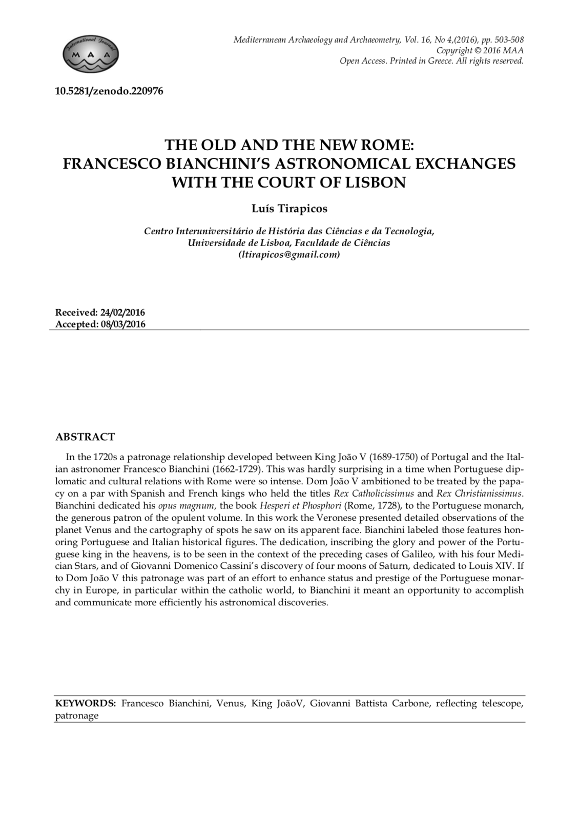 The Old and the New Rome: Francesco Bianchini’s astronomical exchanges with the court of Lisbon, Capa
