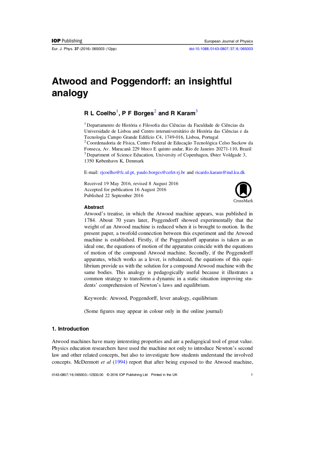 Atwood and Poggendorff: An Insightful analogy, Capa