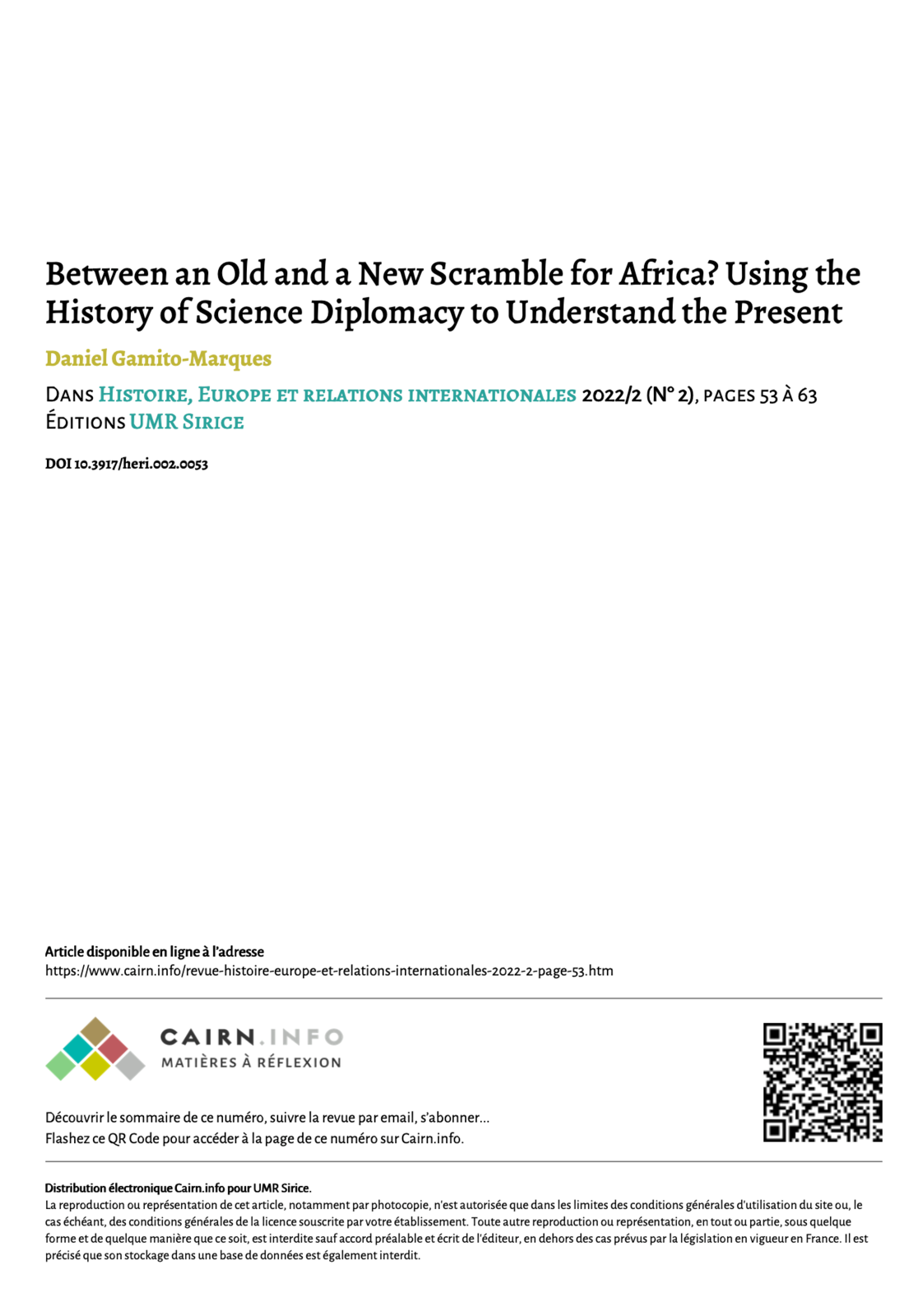 Between an Old and a New Scramble for Africa? Using the History of Science Diplomacy to Understand the Present, Capa