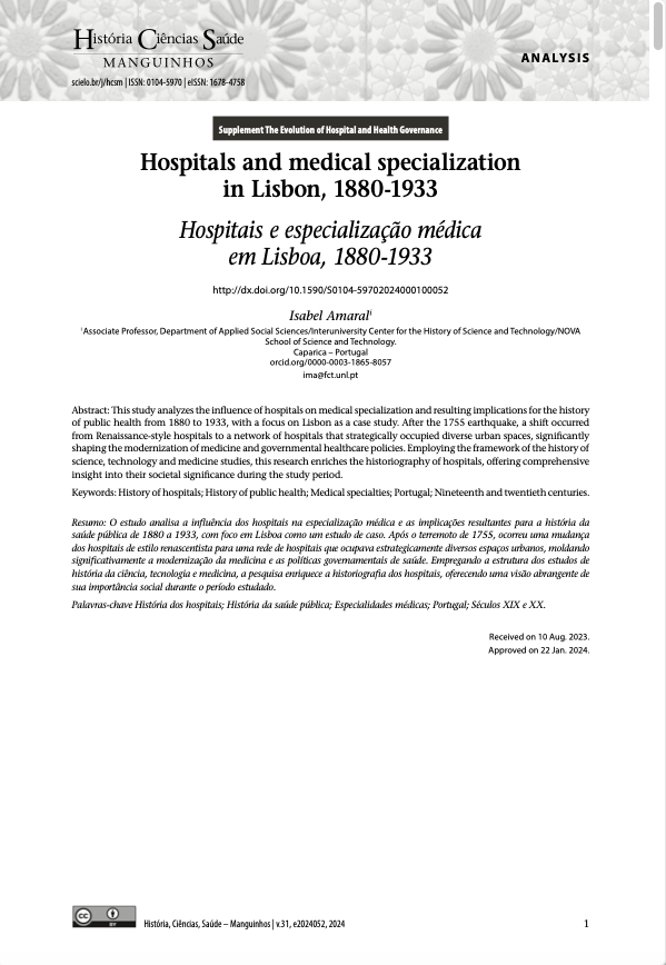 Hospitais e especialização médica em Lisboa, 1880-1933, Capa