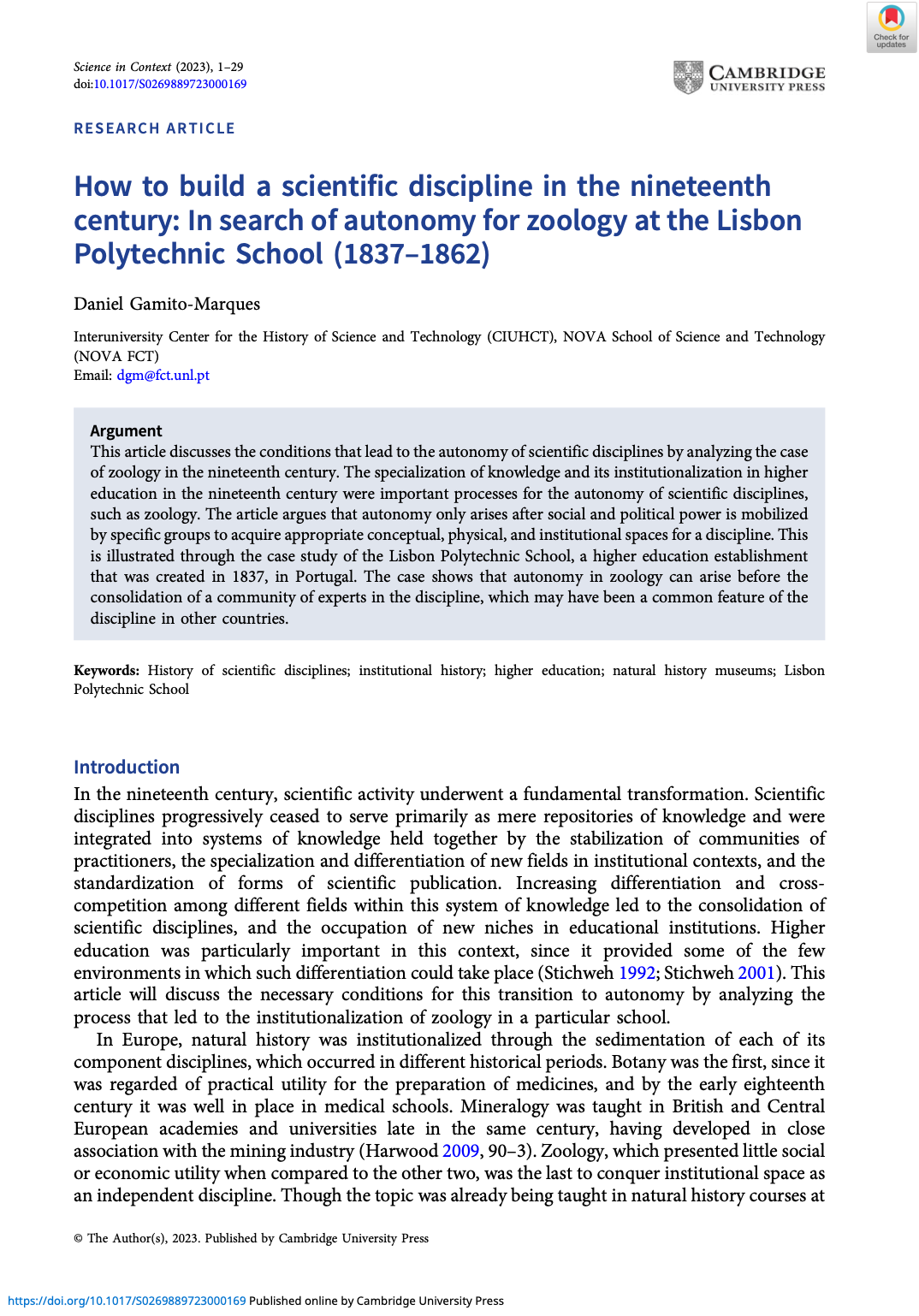 How to build a scientific discipline in the nineteenth century: In search of autonomy for zoology at the Lisbon Polytechnic School (1837–1862), Capa