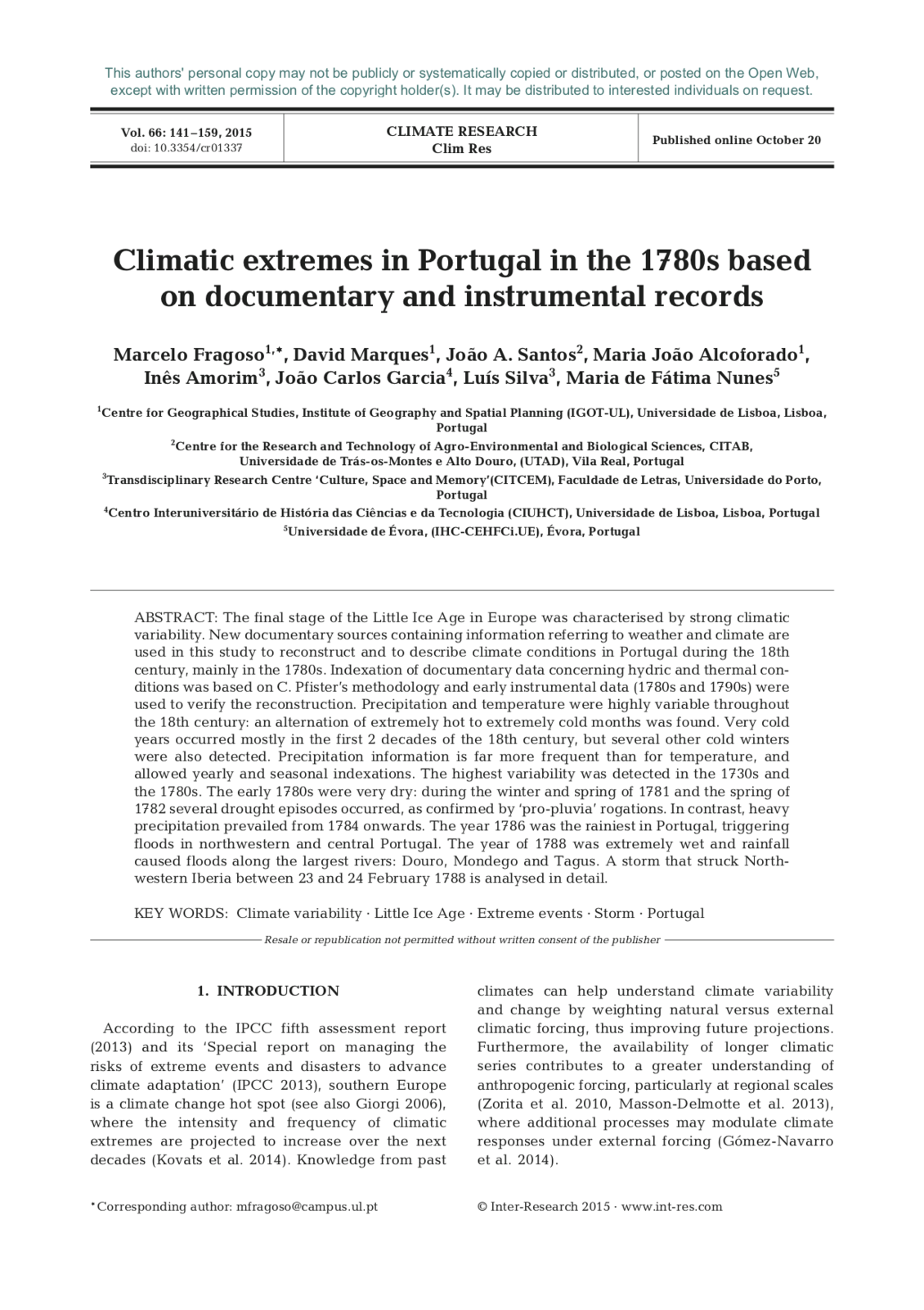 Climatic Extremes in Portugal in the 1780s based on documentary and instrumental records, Capa