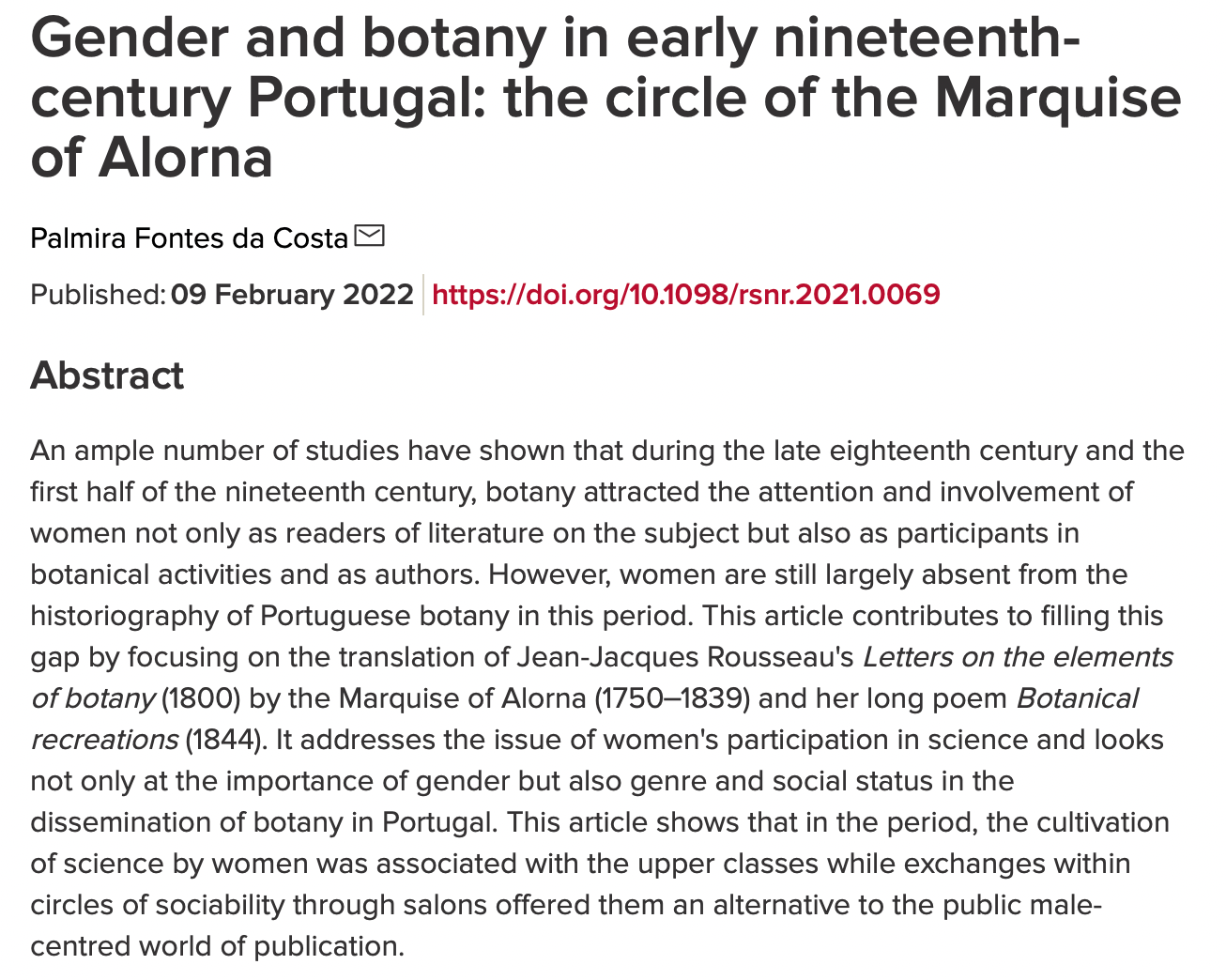 Gender and botany in early nineteenth-century Portugal: the circle of the Marquise of Alorna, Capa