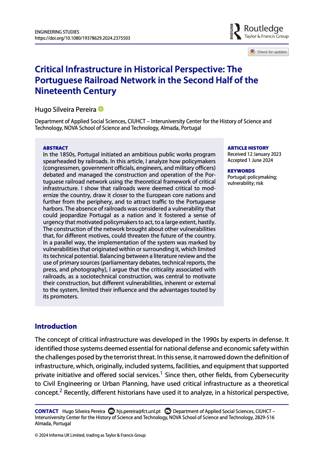 Critical Infrastructure in Historical Perspective: The Portuguese Railroad Network in the Second Half of the Nineteenth Century, Capa