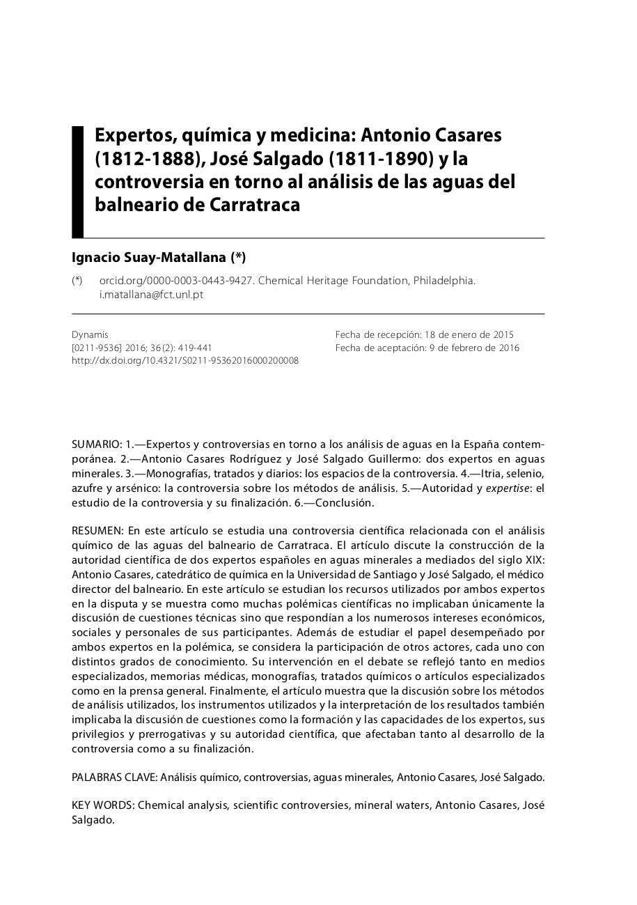 Expertos, química y medicina: Antonio Casares (1812-1888), José Salgado (1811-1890) y la controversia en torno al análisis de las aguas del balneario de Carratraca, Capa