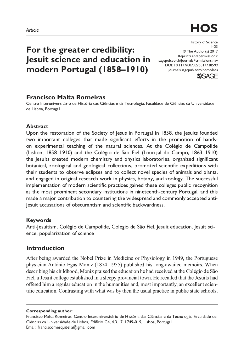 For the Greater Credibility: Jesuit Science and Education in Modern Portugal (1858-2002), Capa