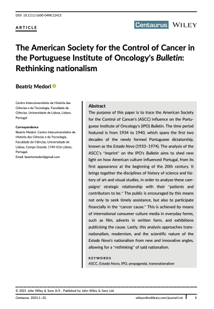 The American Society for the Control of Cancer in the Portuguese Institute of Oncology's Bulletin: Rethinking nationalism, Capa