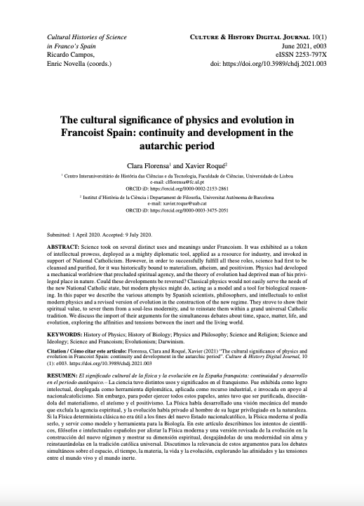 The cultural significance of physics and evolution in Francoist Spain: continuity and development in the autarchic period, Capa