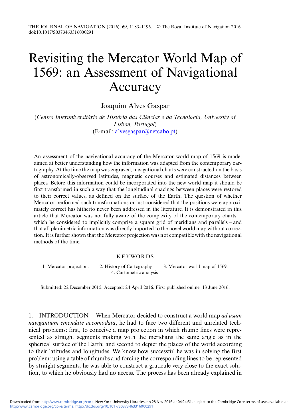 Revisiting the Mercator World Map of 1569: an Assessment of Navigational Accuracy, Capa