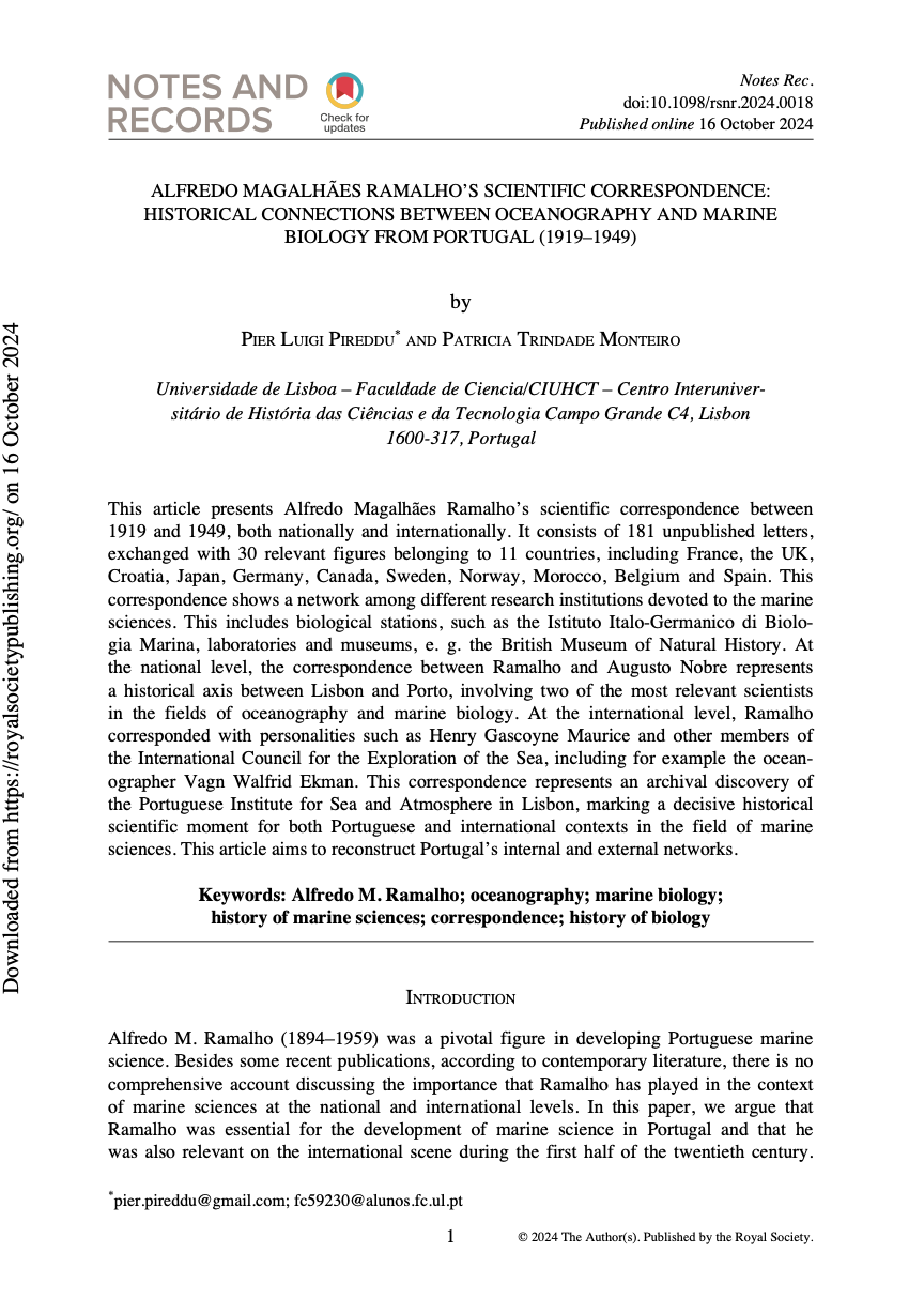 Alfredo Magalhães Ramalho’s scientific correspondence: historical connections between oceanography and marine biology from Portugal (1919–1949), Capa