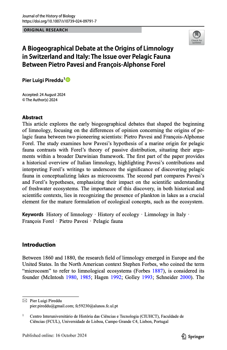 A Biogeographical Debate at the Origins of Limnology in Switzerland and Italy: The Issue over Pelagic Fauna Between Pietro Pavesi and François-Alphonse Forel, Capa