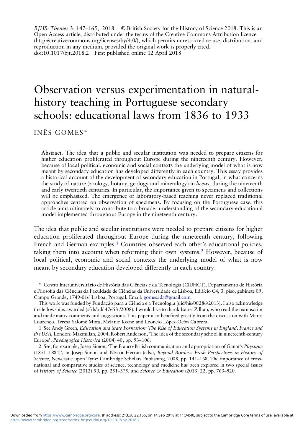 Observation versus experimentation in natural-history teaching in Portuguese secondary schools: educational laws from 1836 to 1933, Capa