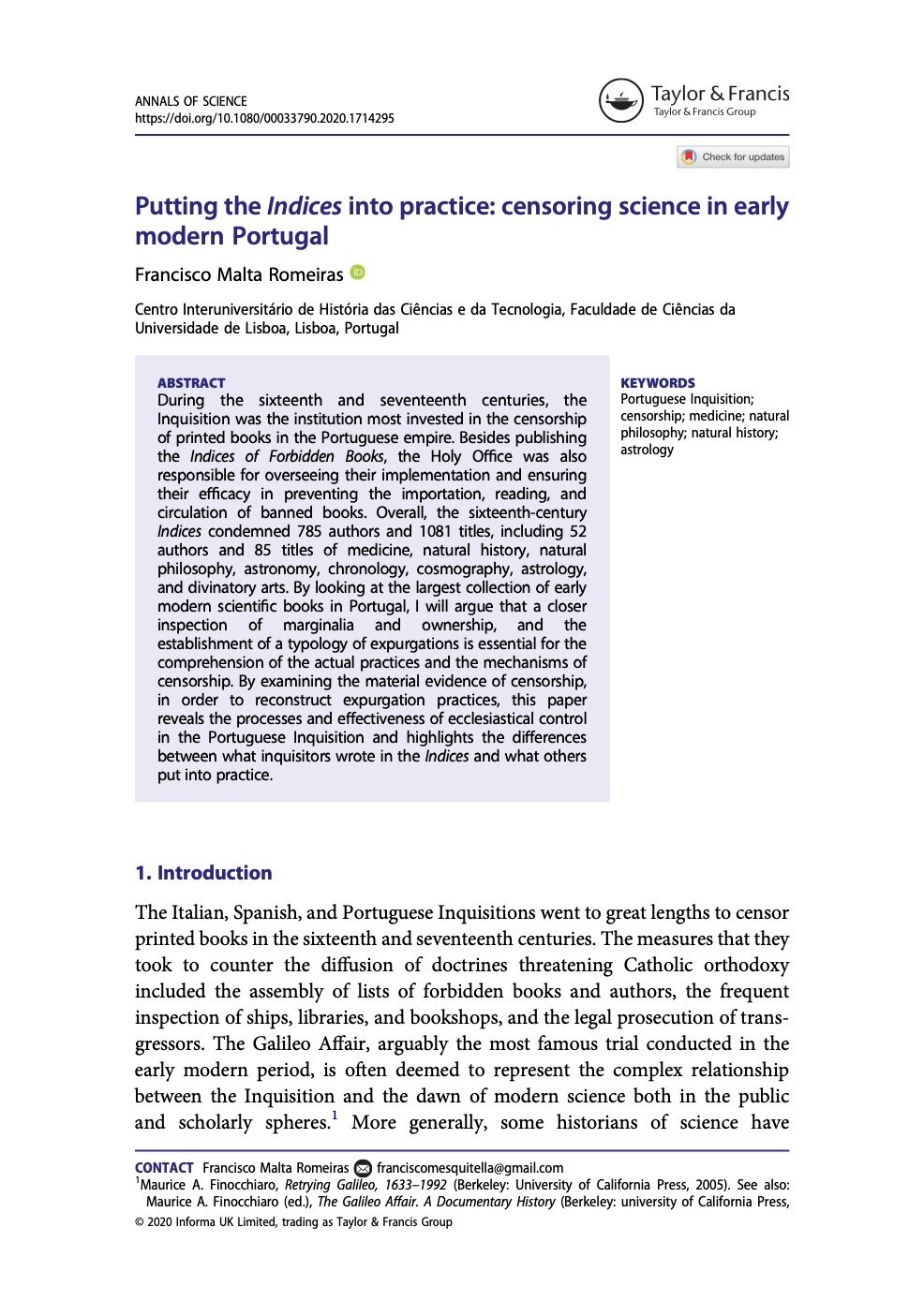 Putting the Indices into practice: censoring science in early modern Portugal, Capa