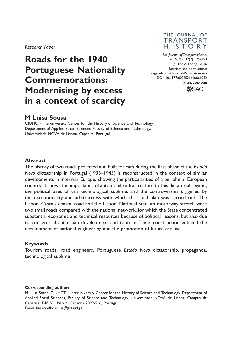 Roads for the 1940 Portuguese Nationality Commemorations: Modernising by excess in a context of scarcity, Capa