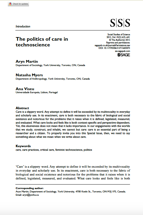 The politics of care in technoscience, Capa